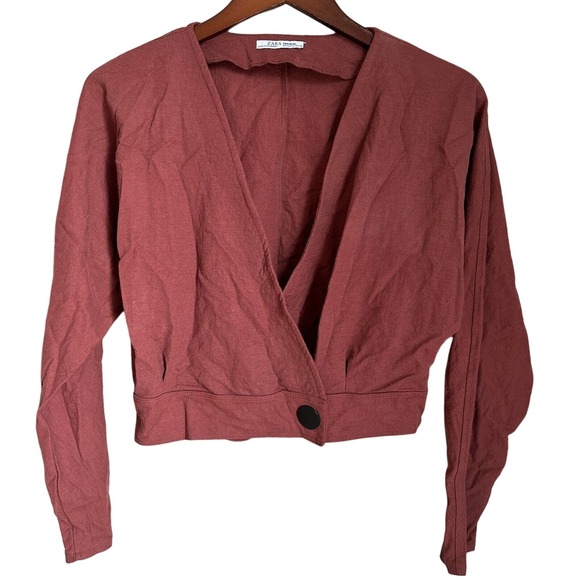 Zara Brown Crop Top Long Sleeve Button Closure V-Neck Crossover Women's M - Picture 1 of 9